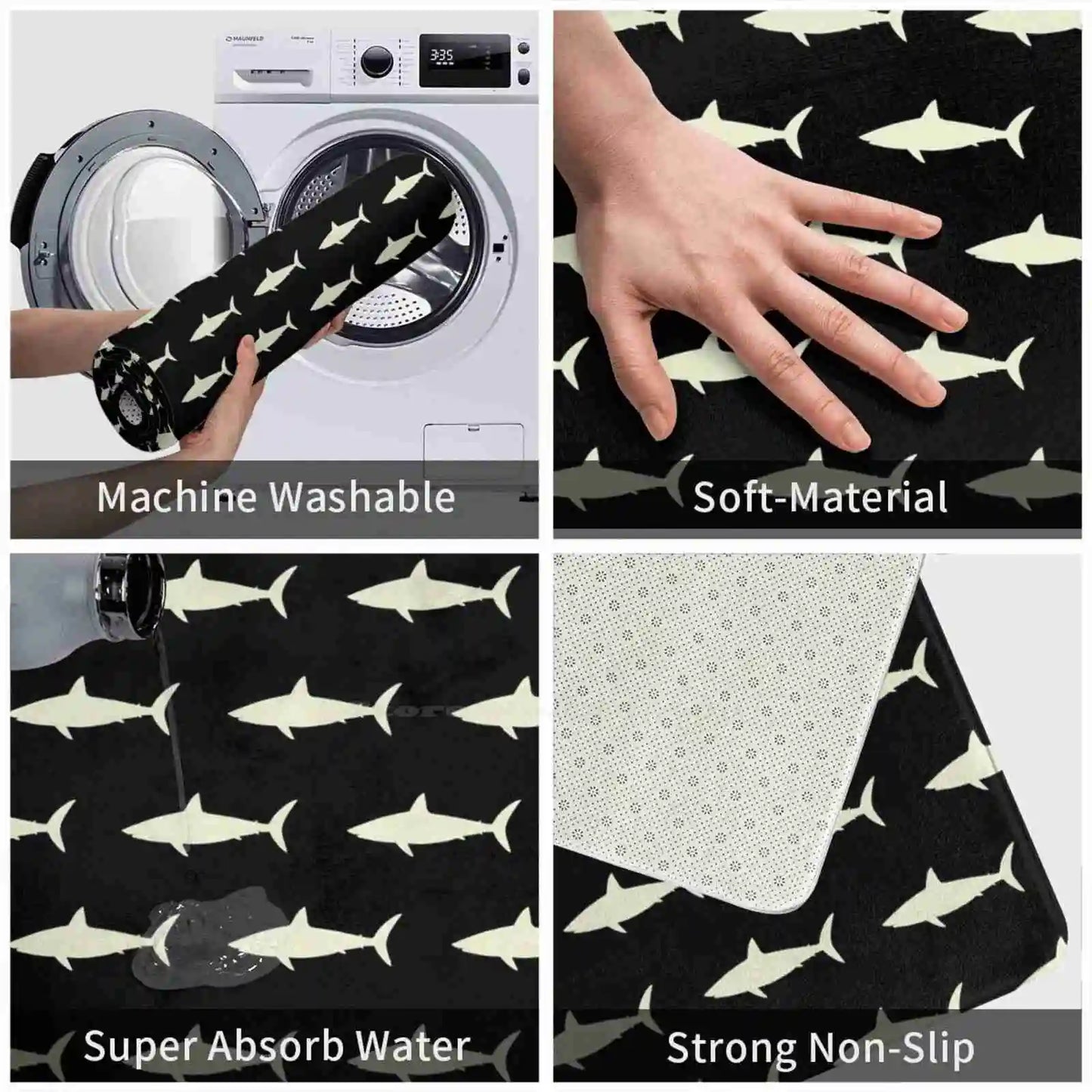 Shark! Soft House Family Anti-Slip Mat Rug Carpet Ocean Sea Pattern Tan Black Sharks Week Love Creatures Animals Atlantic
