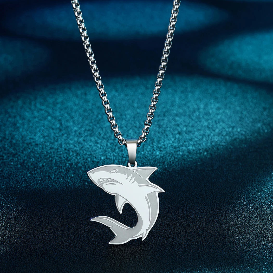 CHENGXUN Minimalist Shark Pendant Necklace for Men Women Punk Ocean Animal Fish Charm Box Chain Stainless Steel Jewelry Gift