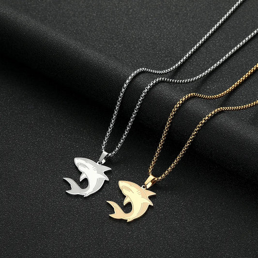 CHENGXUN Minimalist Shark Pendant Necklace for Men Women Punk Ocean Animal Fish Charm Box Chain Stainless Steel Jewelry Gift