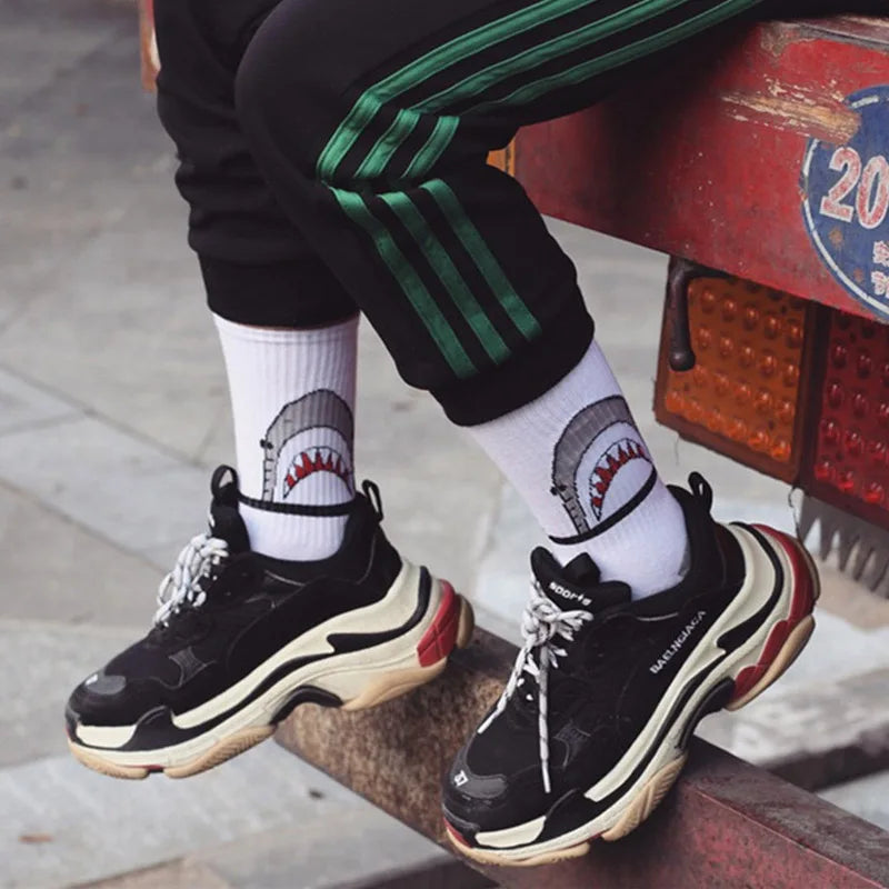 Fashion shark Hip Hop socks men long socks cartoon Hiphop Street Sport Skateboard black white crew socks