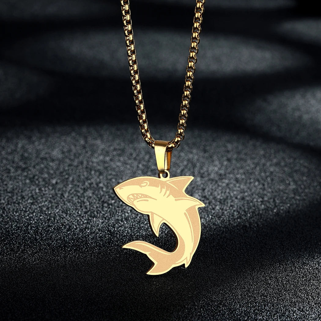 CHENGXUN Minimalist Shark Pendant Necklace for Men Women Punk Ocean Animal Fish Charm Box Chain Stainless Steel Jewelry Gift