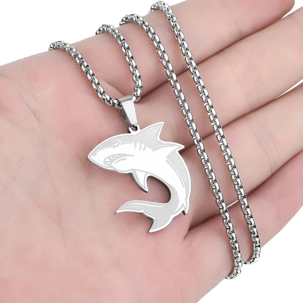 CHENGXUN Minimalist Shark Pendant Necklace for Men Women Punk Ocean Animal Fish Charm Box Chain Stainless Steel Jewelry Gift