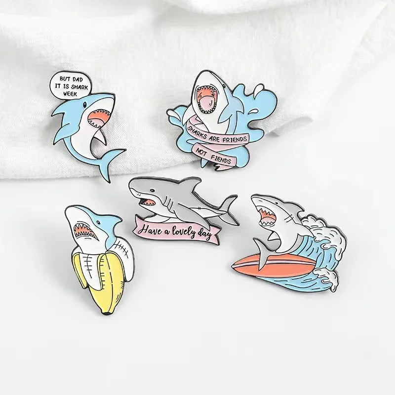 Custom Ocean Animal Shark With Fun Banner Enamel Pins Cartoon Brooches Backpack Lapel Badges Jewelry Gifts for Friends Wholesale