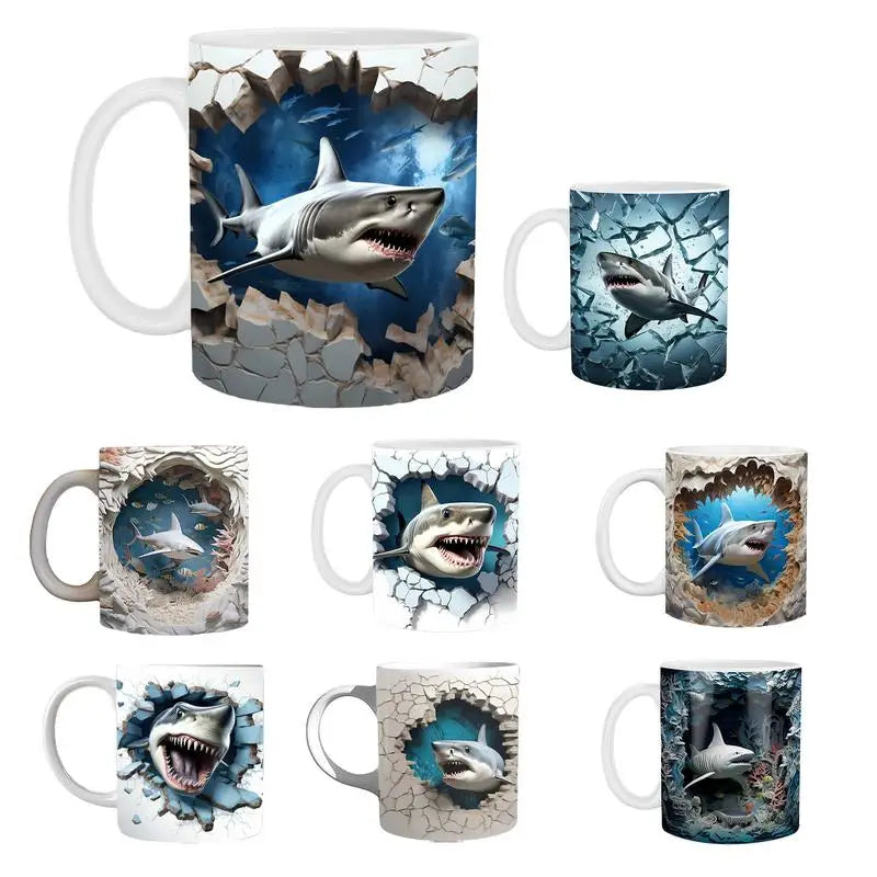 Shark Ceramic Mugs creative 3D Flat Painted Shark Mug Desk Decor Ceramic Mug Drinking Cup Coffee Cups Christmas Birthday Gifts