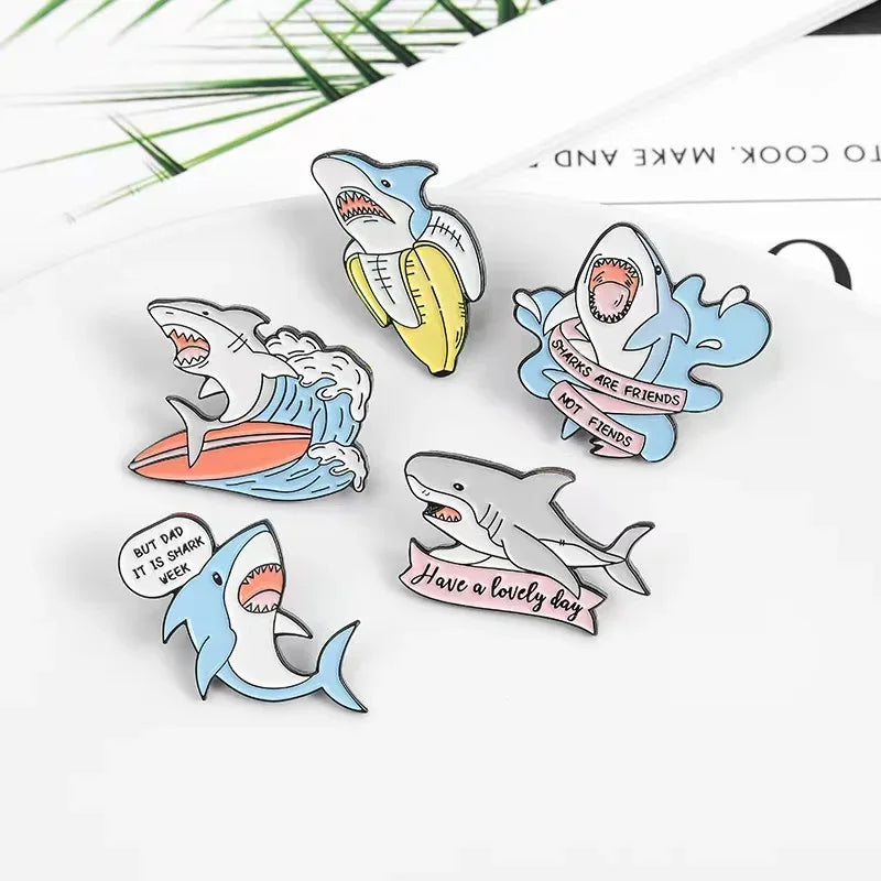 Custom Ocean Animal Shark With Fun Banner Enamel Pins Cartoon Brooches Backpack Lapel Badges Jewelry Gifts for Friends Wholesale