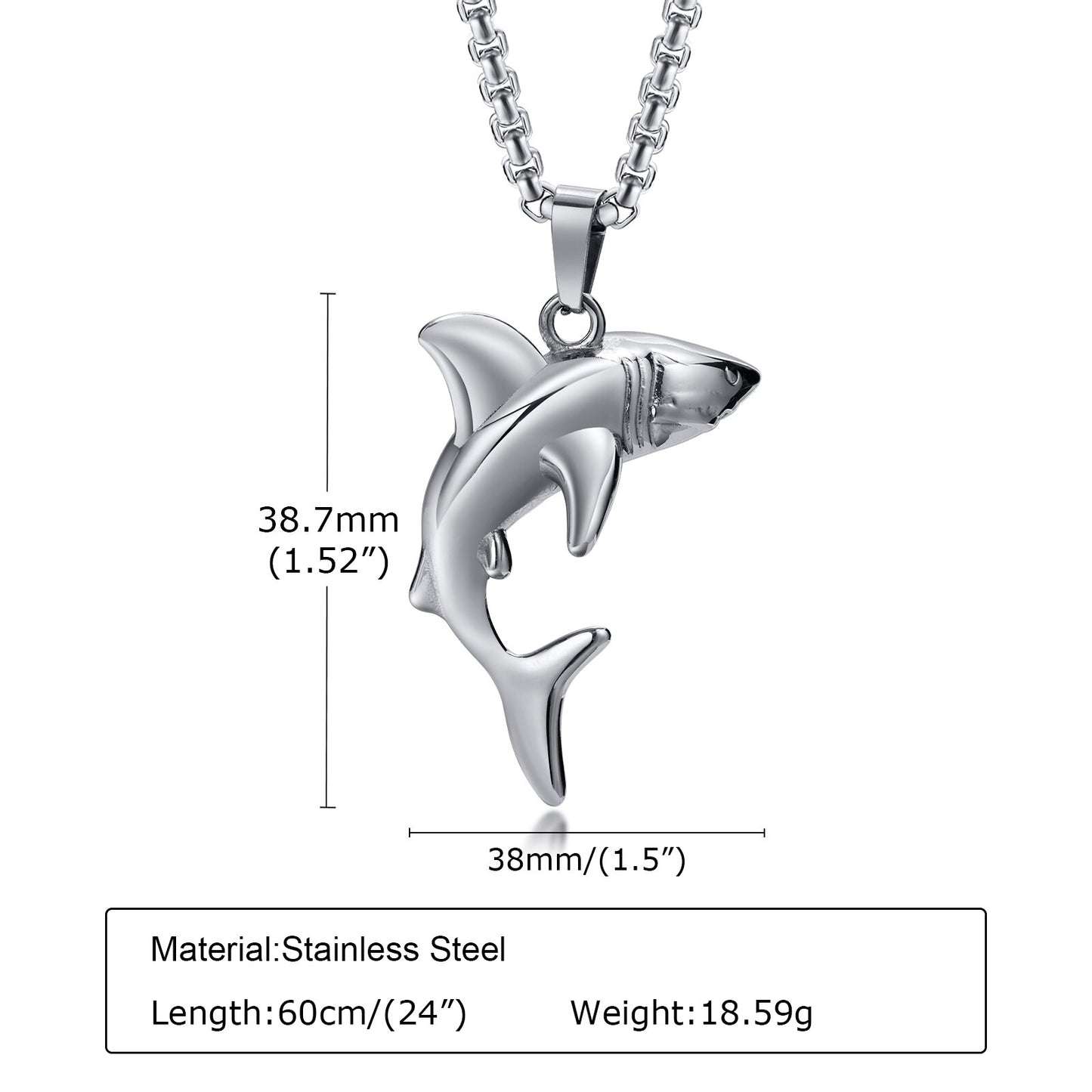 Vnox Stylish Shark Men Boys Necklaces,Rock Punk Animal Pendant Collar Jewelry with Stainless Steel Box Chain 50/55/60/70cm