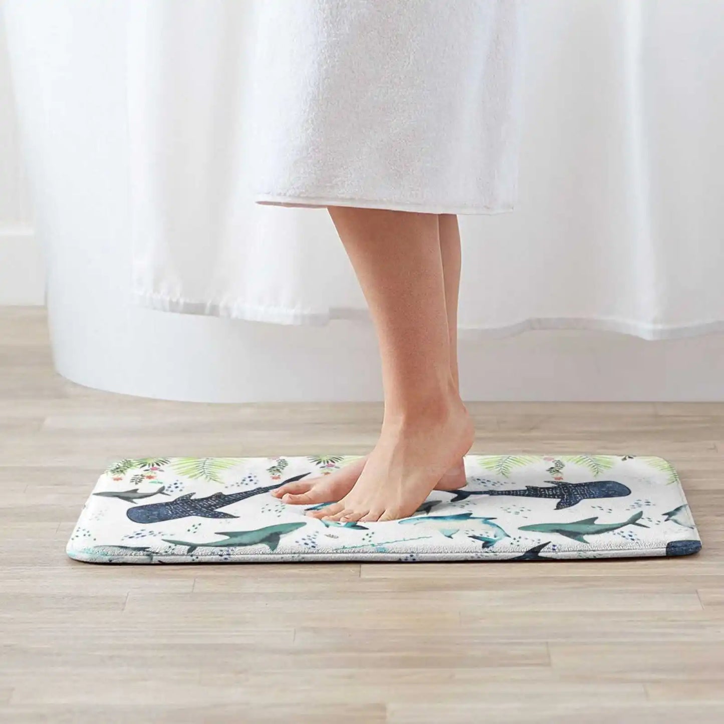 Floral Shark Pattern Door Mat Foot Pad Home Rug Sharks Whaleshark Great White Shark Jaws Cute Pattern Floral Palmleaves