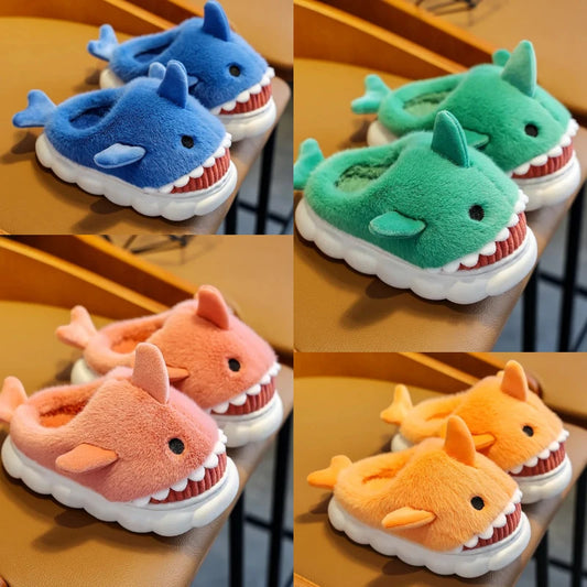 Winter Autumn Cute Cartoon Shark Shaped Fuzzy Slippers Children's Non-slip Soft Cotton Slippers Kids Boys Girls Warm Home Shoes