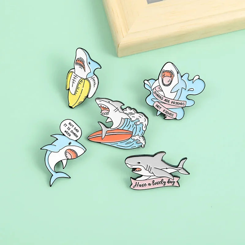 Custom Ocean Animal Shark With Fun Banner Enamel Pins Cartoon Brooches Backpack Lapel Badges Jewelry Gifts for Friends Wholesale