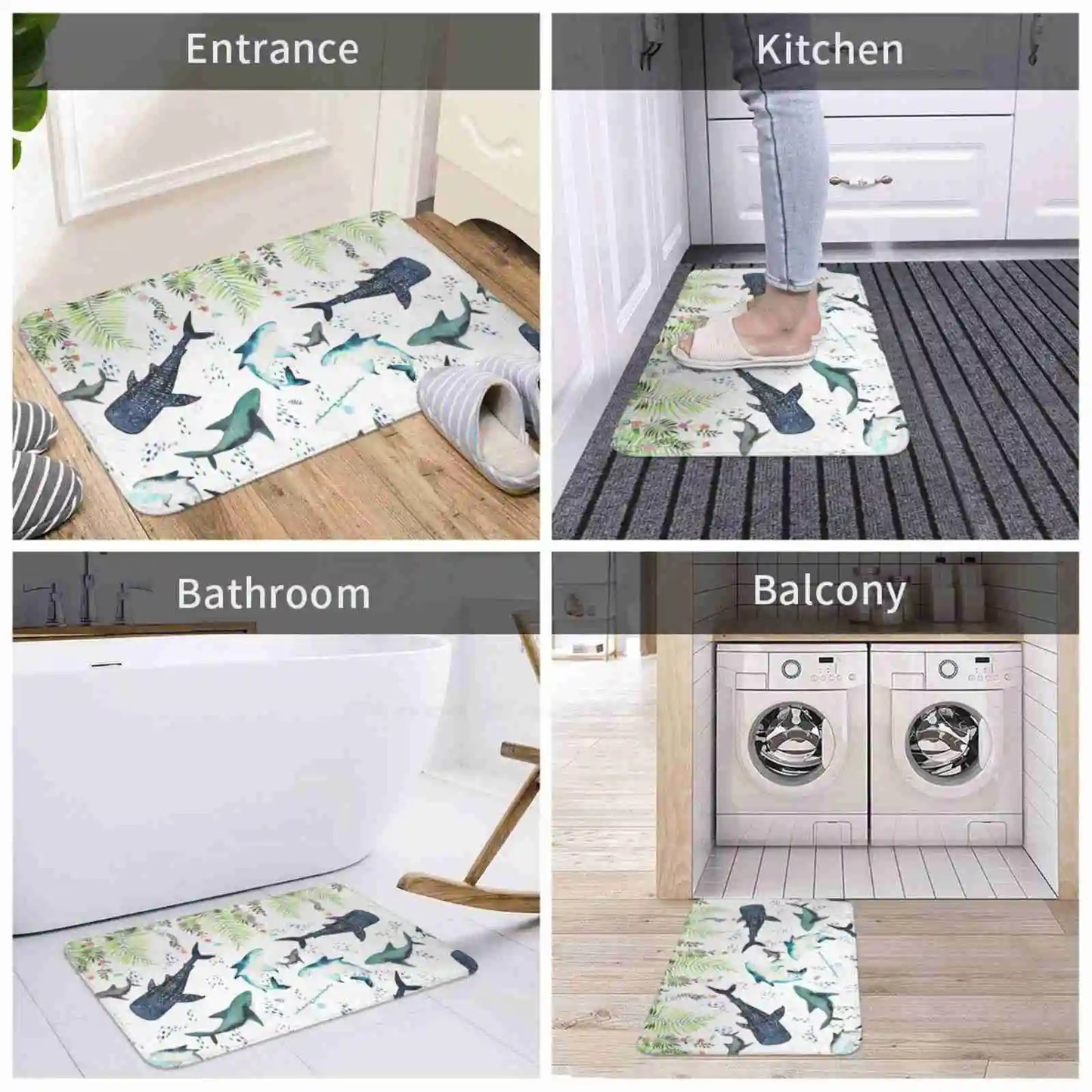 Floral Shark Pattern Door Mat Foot Pad Home Rug Sharks Whaleshark Great White Shark Jaws Cute Pattern Floral Palmleaves