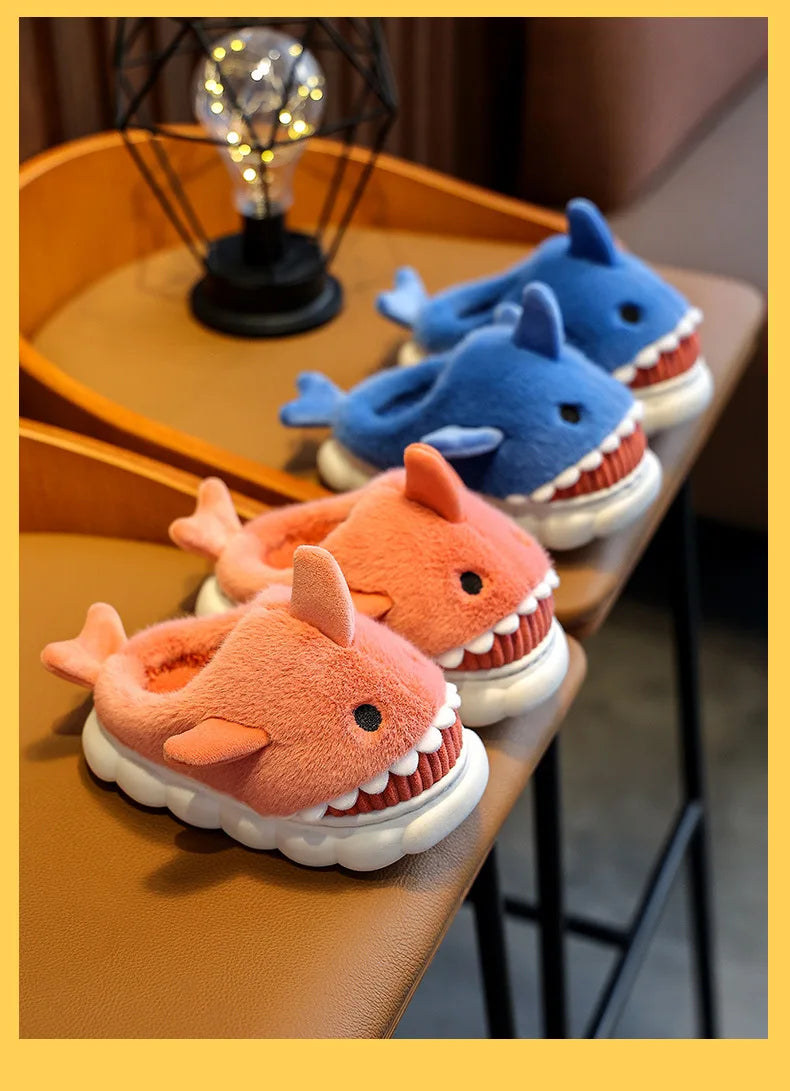 Winter Autumn Cute Cartoon Shark Shaped Fuzzy Slippers Children's Non-slip Soft Cotton Slippers Kids Boys Girls Warm Home Shoes