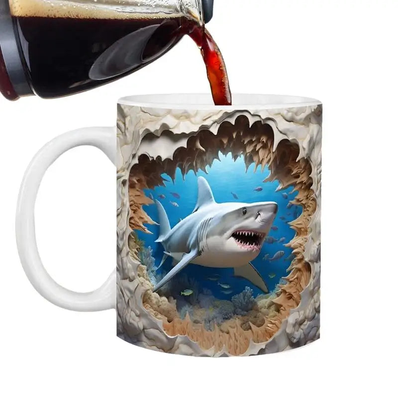 Shark Ceramic Mugs creative 3D Flat Painted Shark Mug Desk Decor Ceramic Mug Drinking Cup Coffee Cups Christmas Birthday Gifts