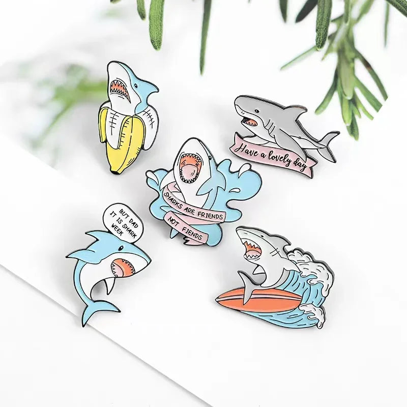 Custom Ocean Animal Shark With Fun Banner Enamel Pins Cartoon Brooches Backpack Lapel Badges Jewelry Gifts for Friends Wholesale