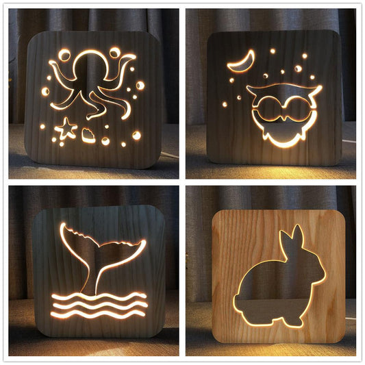 Octopus Owl Whale Tail Rabbit 3D Wooden Lamp Warm White Night Lights Home Bedroom Decor Table Lamp Birthday Gift for Kids Friend