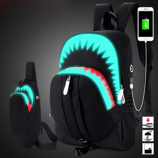 Night Luminous Backpack Men Fashion USB Charging Shark Laptop Bookbag Chest Bag Teenagers School Bag Mochila Black Travel Bag