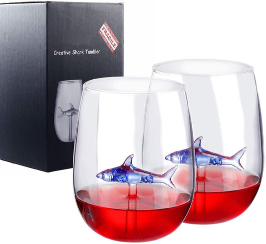 Shark Glass Set of 2, 300ml/10oz Clear Crystal Stemless Glasses with Shark Inside Novelty Great Gift Pack