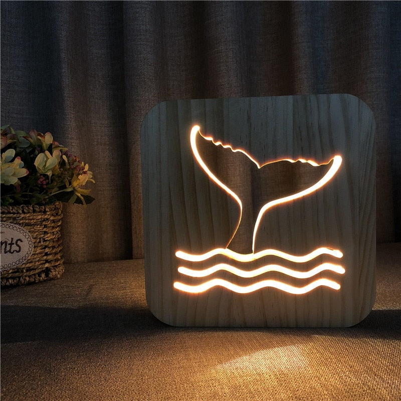 Octopus Owl Whale Tail Rabbit 3D Wooden Lamp Warm White Night Lights Home Bedroom Decor Table Lamp Birthday Gift for Kids Friend