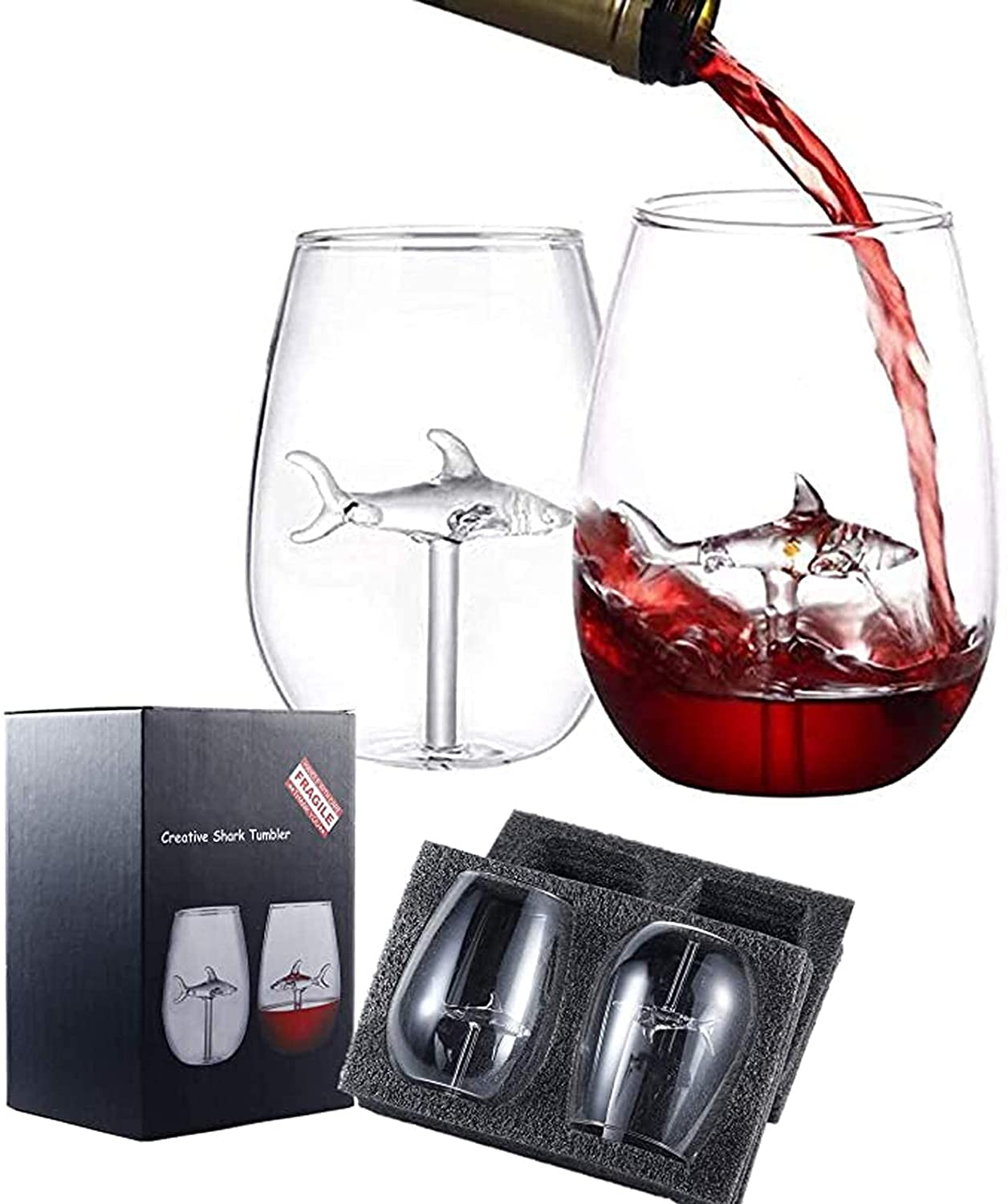 Shark Glass Set of 2, 300ml/10oz Clear Crystal Stemless Glasses with Shark Inside Novelty Great Gift Pack