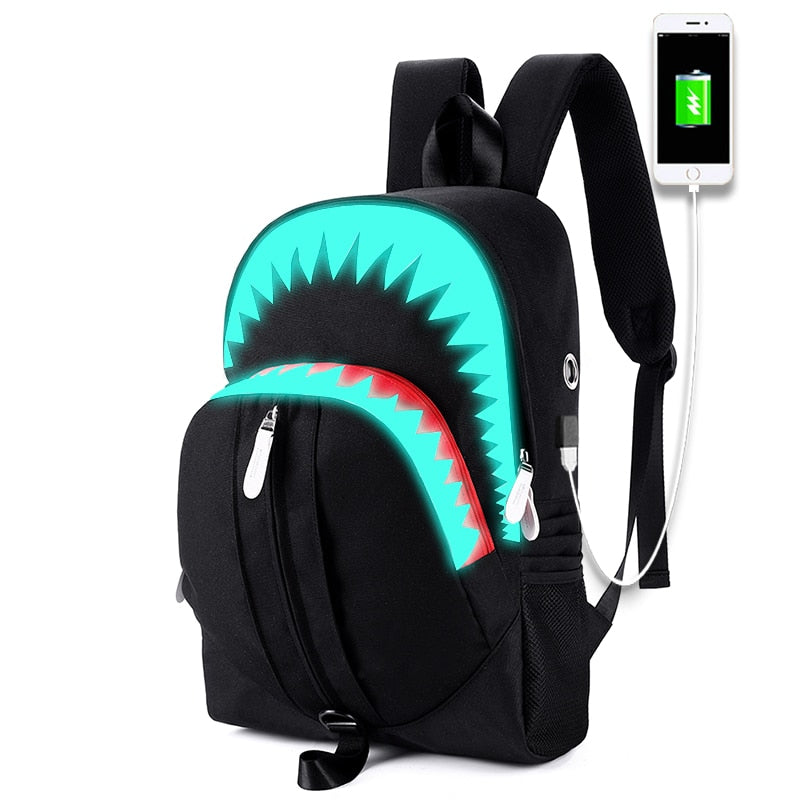 Night Luminous Backpack Men Fashion USB Charging Shark Laptop Bookbag Chest Bag Teenagers School Bag Mochila Black Travel Bag