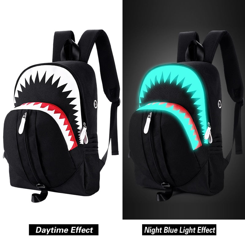 Night Luminous Backpack Men Fashion USB Charging Shark Laptop Bookbag Chest Bag Teenagers School Bag Mochila Black Travel Bag