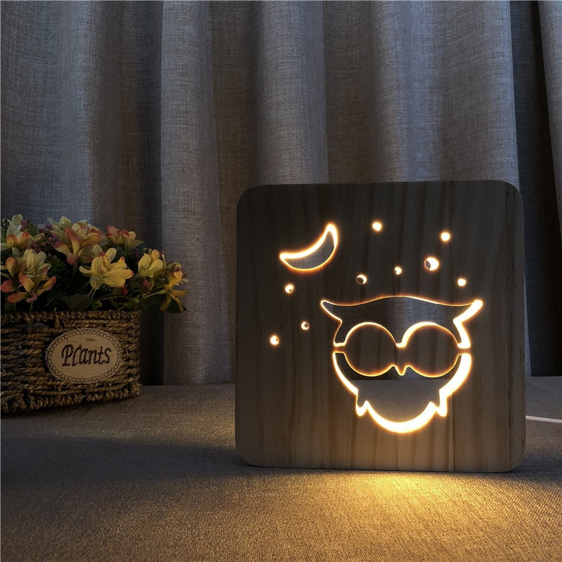 Octopus Owl Whale Tail Rabbit 3D Wooden Lamp Warm White Night Lights Home Bedroom Decor Table Lamp Birthday Gift for Kids Friend