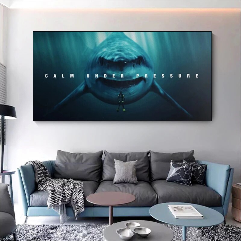 Motivational Calm Under Pressure Mindset Canvas Painting Poster Print Animal Shark Wall Art Picture Living Room Decor Cuadros