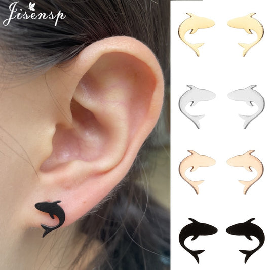 Jisensp Mini Stainless Steel Shark Stud Earrings Women Lovely Animal Jewelry Earring Cartoon Whale Fish Ear Piercing pendientes