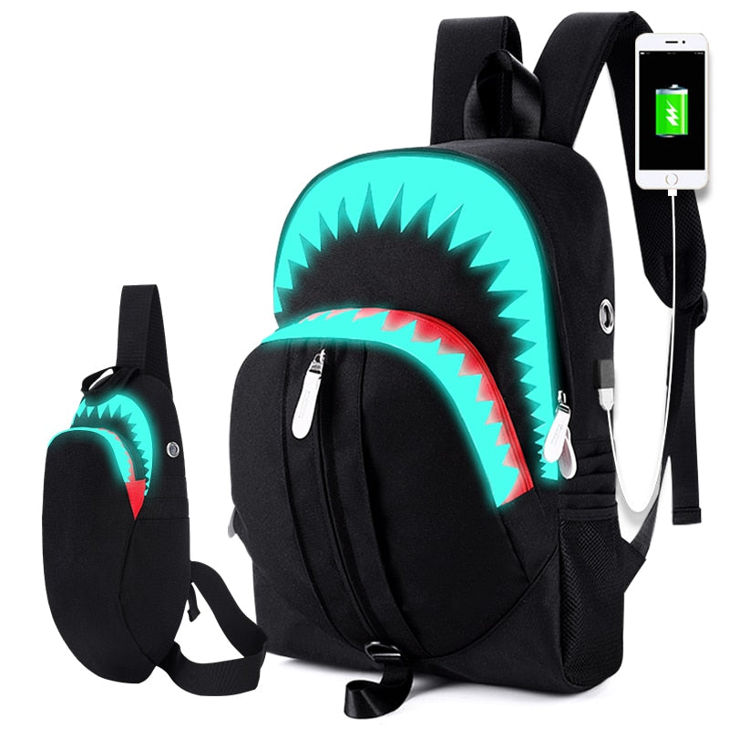 Night Luminous Backpack Men Fashion USB Charging Shark Laptop Bookbag Chest Bag Teenagers School Bag Mochila Black Travel Bag