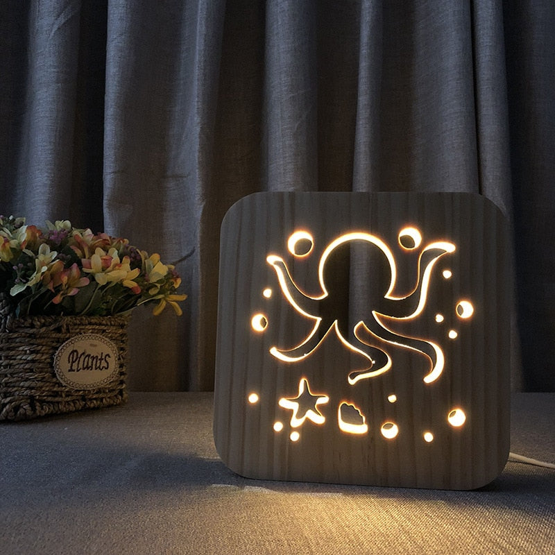 Octopus Owl Whale Tail Rabbit 3D Wooden Lamp Warm White Night Lights Home Bedroom Decor Table Lamp Birthday Gift for Kids Friend