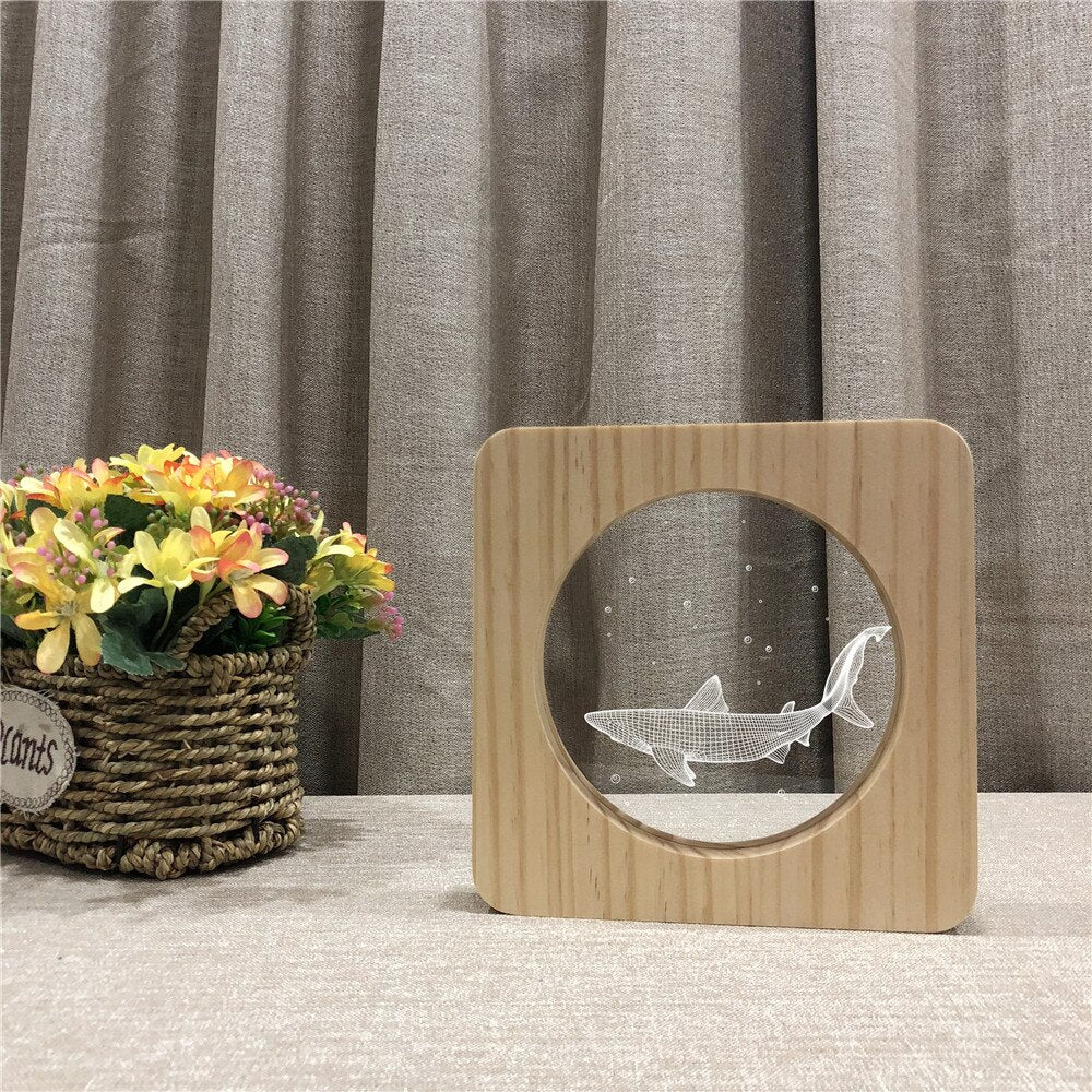 Small Shark Animal 3D LED Arylic Wooden Night Lamp Table Light Switch Control Carving Lamp for Children's Room Decorate