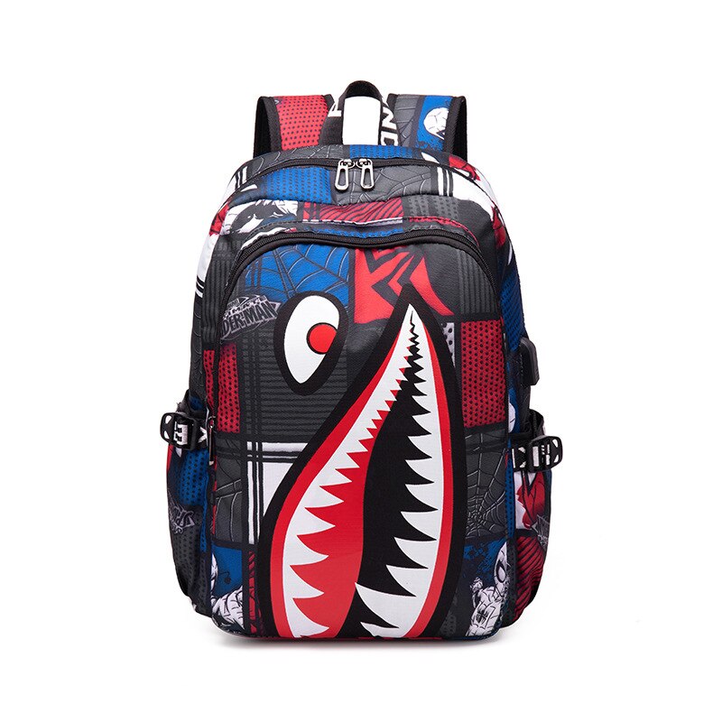 Fashion Shark Men's Backpack USB Charging Boy's Student  Computer Schoolbag Man Kawaii Anime Print Simple Rucksack Men's Bag