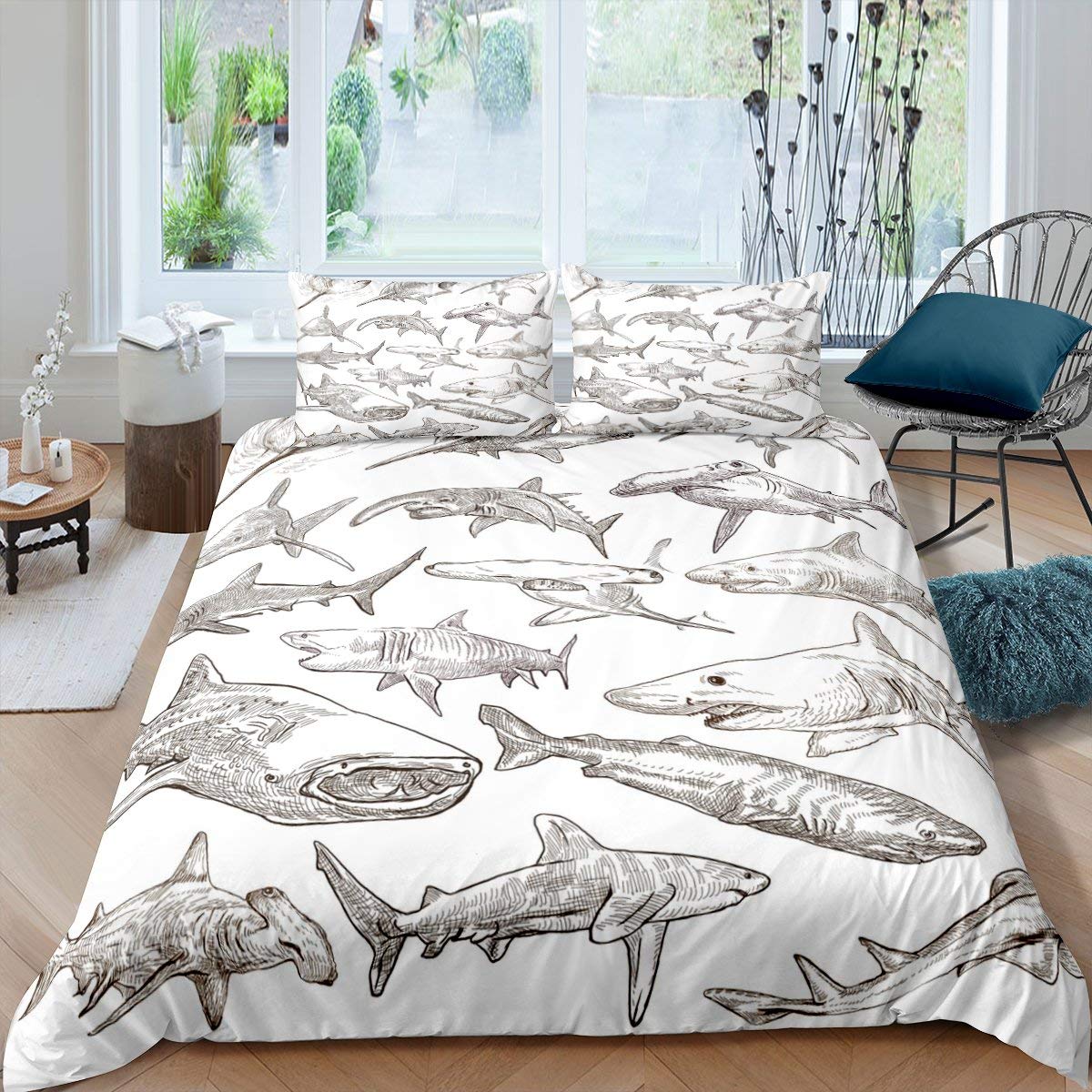 Deep Sea Shark Duvet Cover Set Black Shark Bedding Sets Underwater World Ocean Life Comforter Cover Set for Boys Men Queen Size