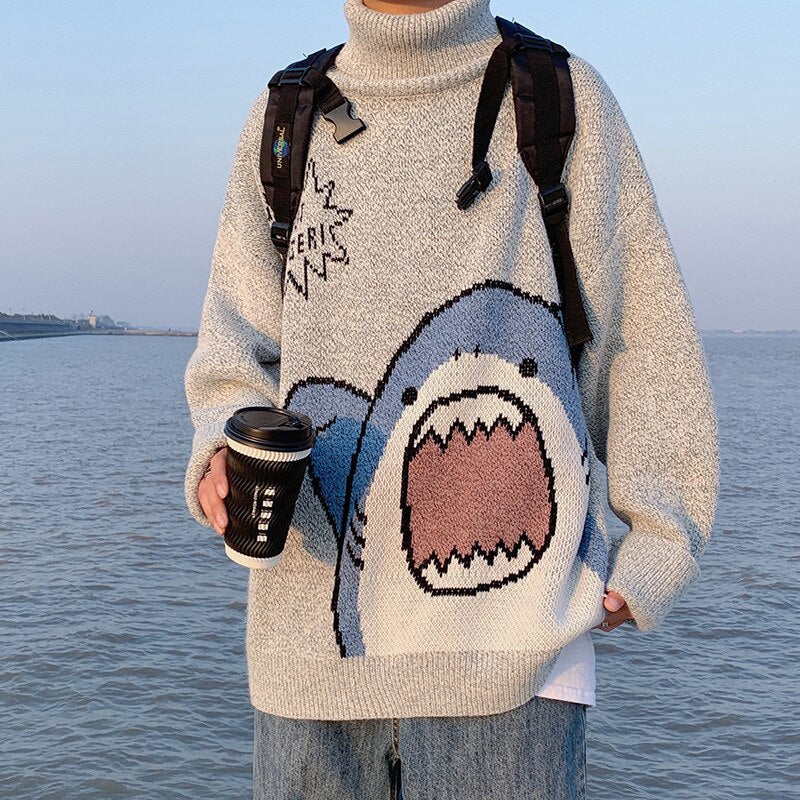 2022 Winter Korean Style Sweater Men High Neck Harajuku  Turtlenecks Shark Patchwor Oversized Women Sweater Grey Turtleneck Men