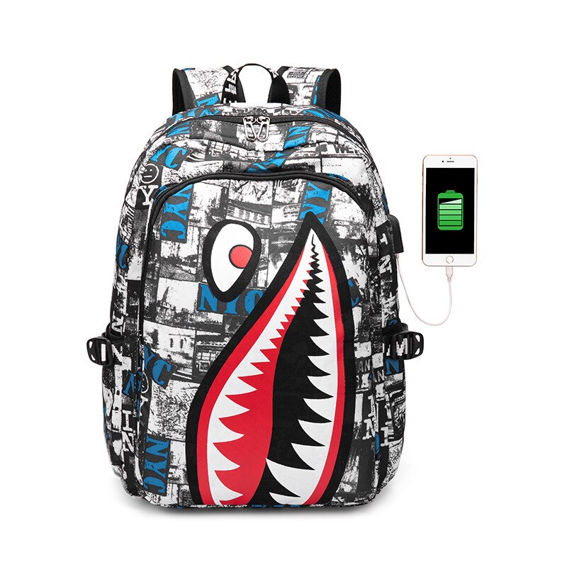 Fashion Shark Men's Backpack USB Charging Boy's Student  Computer Schoolbag Man Kawaii Anime Print Simple Rucksack Men's Bag