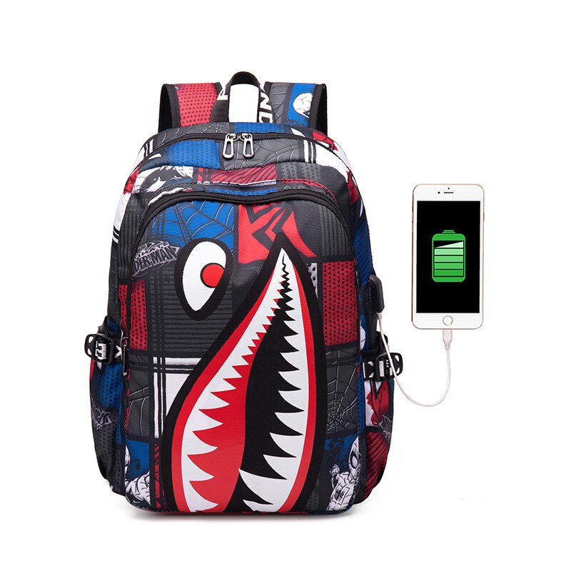 Fashion Shark Men's Backpack USB Charging Boy's Student  Computer Schoolbag Man Kawaii Anime Print Simple Rucksack Men's Bag