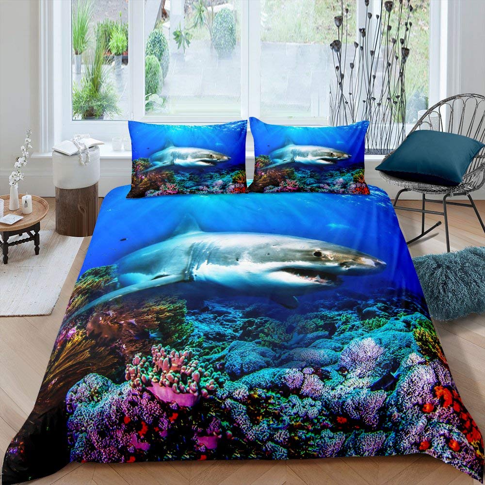 Deep Sea Shark Duvet Cover Set Black Shark Bedding Sets Underwater World Ocean Life Comforter Cover Set for Boys Men Queen Size