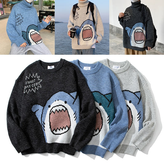 2022 Winter Korean Style Sweater Men High Neck Harajuku  Turtlenecks Shark Patchwor Oversized Women Sweater Grey Turtleneck Men