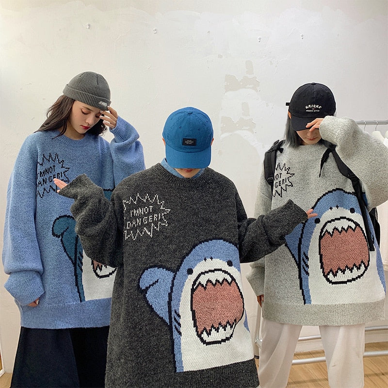 2022 Winter Korean Style Sweater Men High Neck Harajuku  Turtlenecks Shark Patchwor Oversized Women Sweater Grey Turtleneck Men