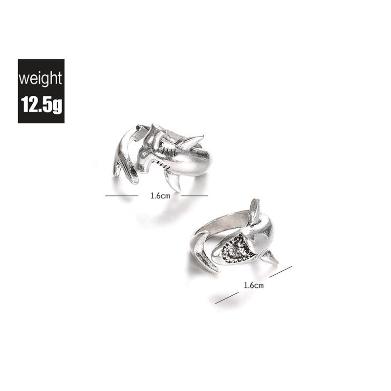 1 Piece Creative Animals Shark Rings For Women Men Silver Color Fashion Adjustable Opening Metal Ring Punk Style Party Jewelry