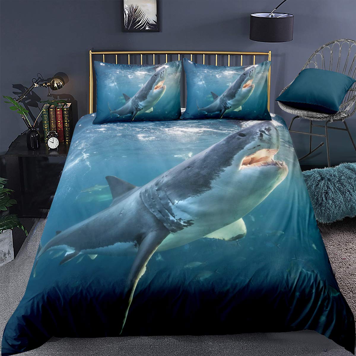 Deep Sea Shark Duvet Cover Set Black Shark Bedding Sets Underwater World Ocean Life Comforter Cover Set for Boys Men Queen Size