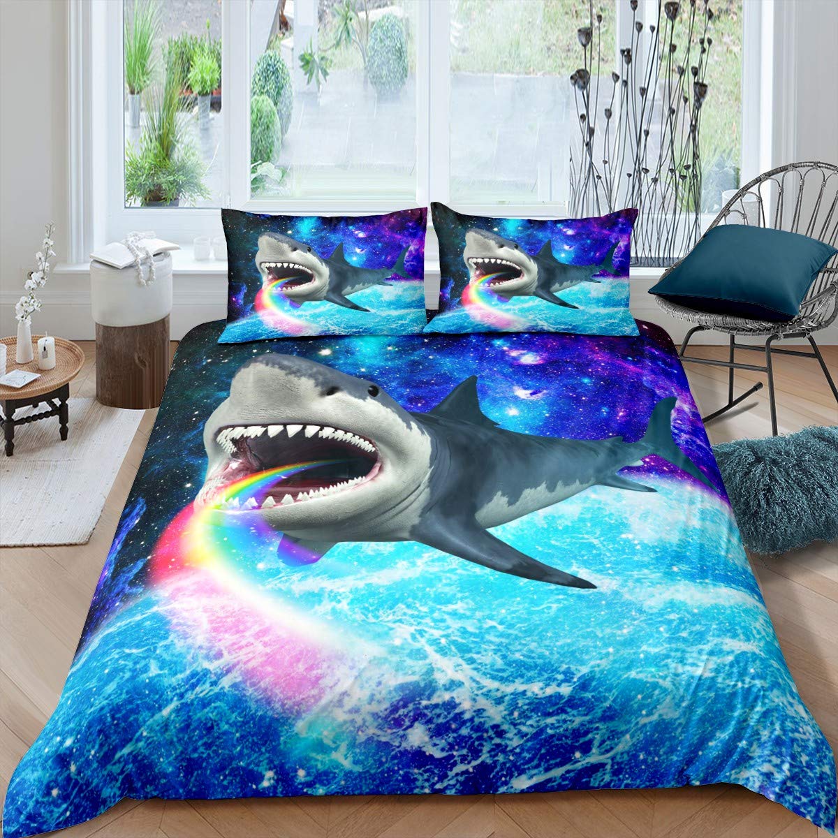 Deep Sea Shark Duvet Cover Set Black Shark Bedding Sets Underwater World Ocean Life Comforter Cover Set for Boys Men Queen Size