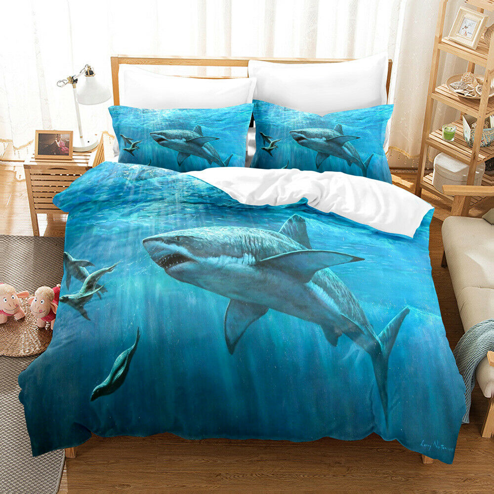 Deep Sea Shark Duvet Cover Set Black Shark Bedding Sets Underwater World Ocean Life Comforter Cover Set for Boys Men Queen Size