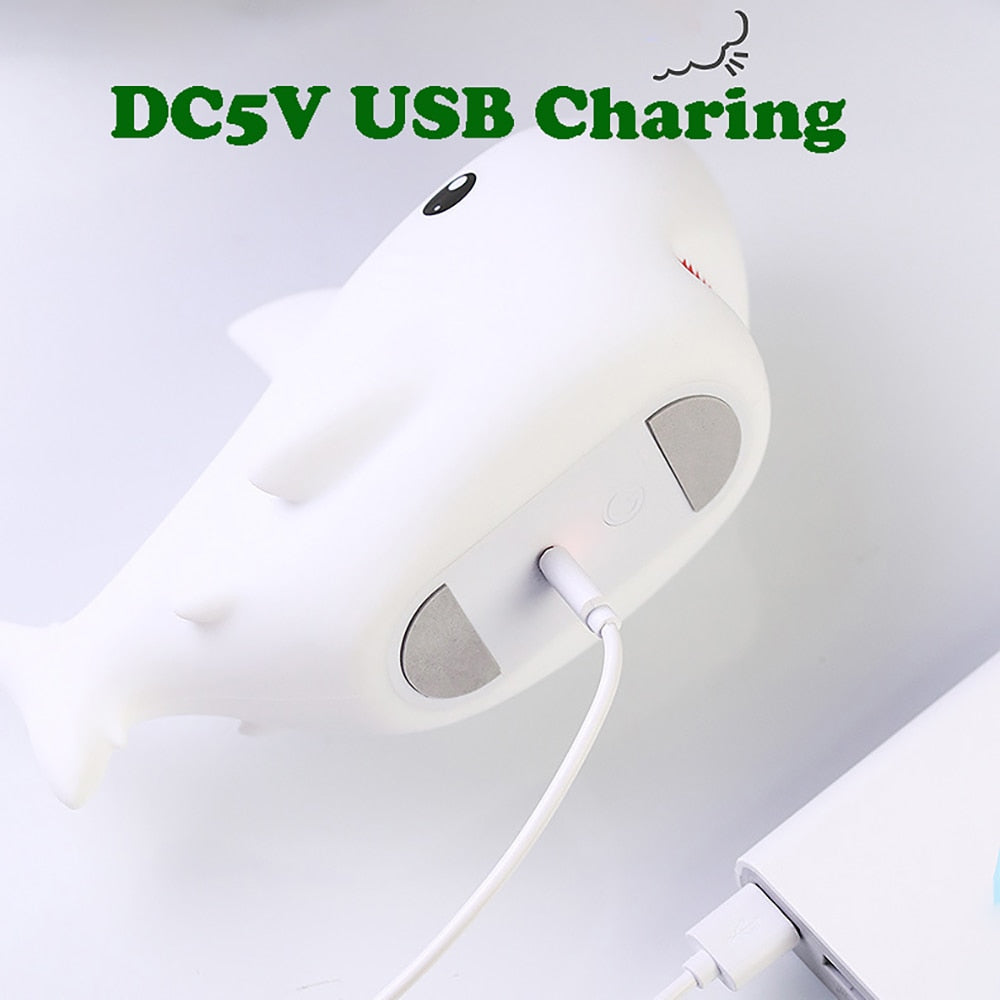 LED Night Lights USB Charging Cute Cartoon Shark Shape Silicone Patting Light Bedside Decor Atmosphere Lamp for Kids Baby Gifts