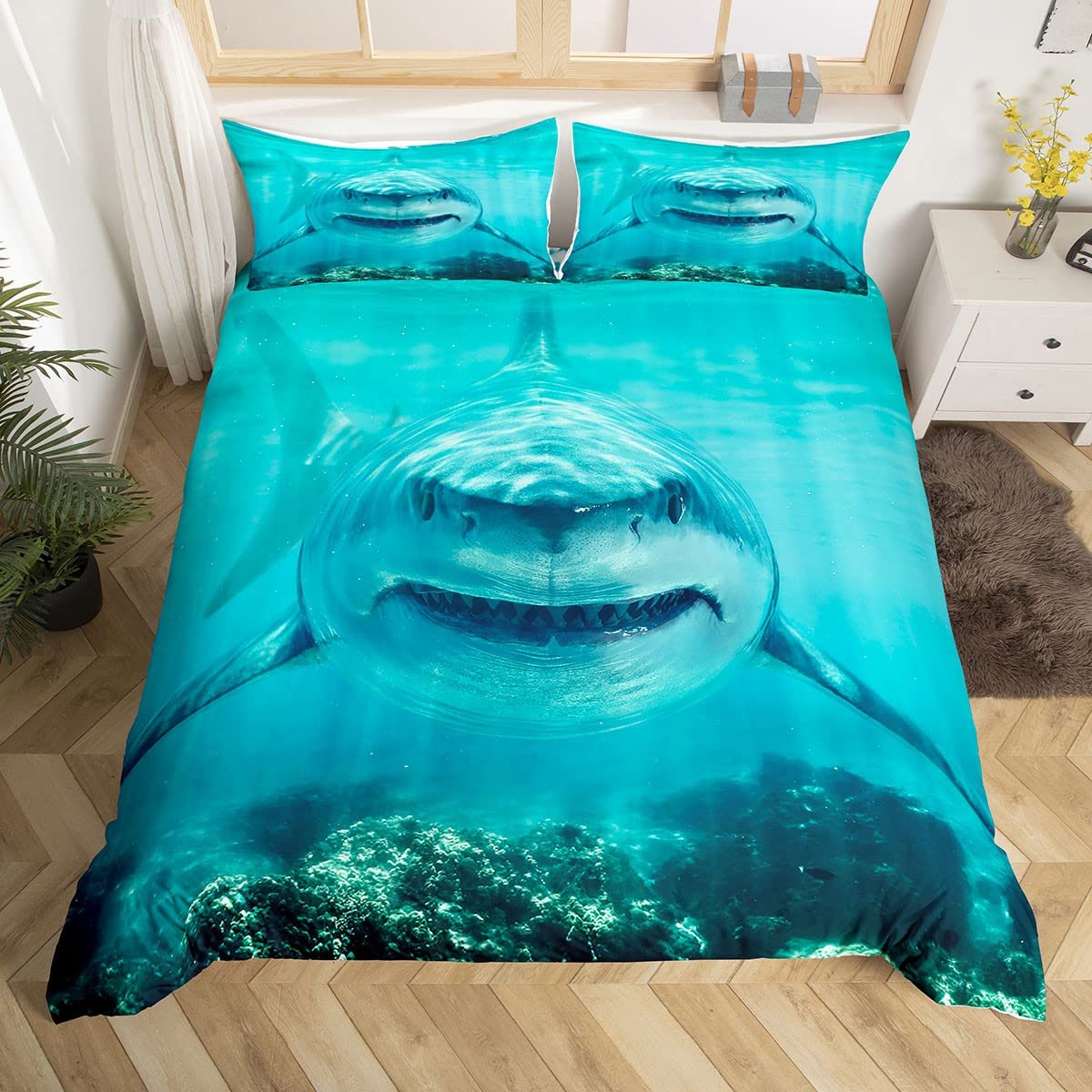 Deep Sea Shark Duvet Cover Set Black Shark Bedding Sets Underwater World Ocean Life Comforter Cover Set for Boys Men Queen Size