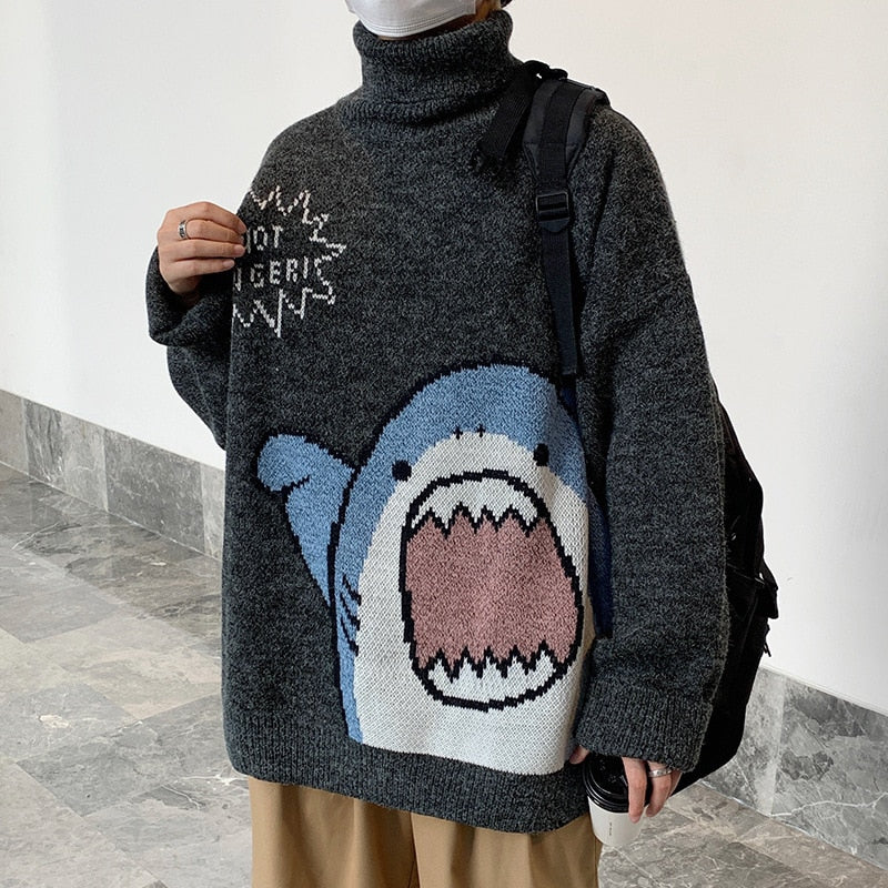 2022 Winter Korean Style Sweater Men High Neck Harajuku  Turtlenecks Shark Patchwor Oversized Women Sweater Grey Turtleneck Men