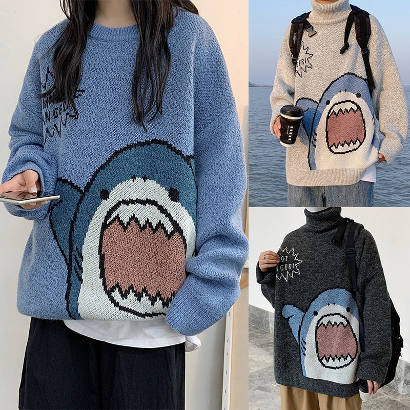 2022 Winter Korean Style Sweater Men High Neck Harajuku  Turtlenecks Shark Patchwor Oversized Women Sweater Grey Turtleneck Men