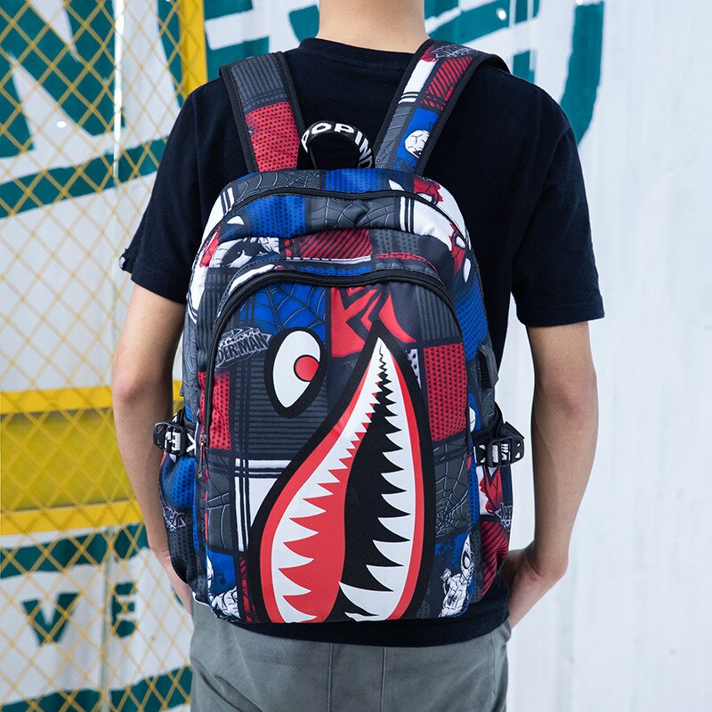 Fashion Shark Men's Backpack USB Charging Boy's Student  Computer Schoolbag Man Kawaii Anime Print Simple Rucksack Men's Bag