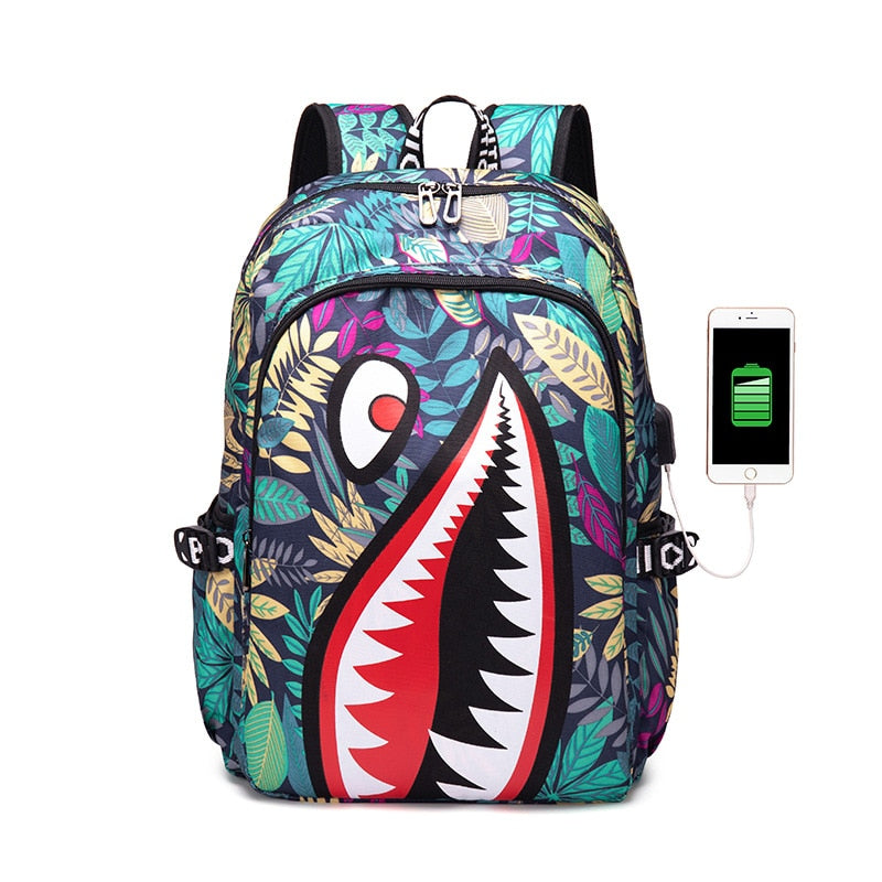 Fashion Shark Men's Backpack USB Charging Boy's Student  Computer Schoolbag Man Kawaii Anime Print Simple Rucksack Men's Bag