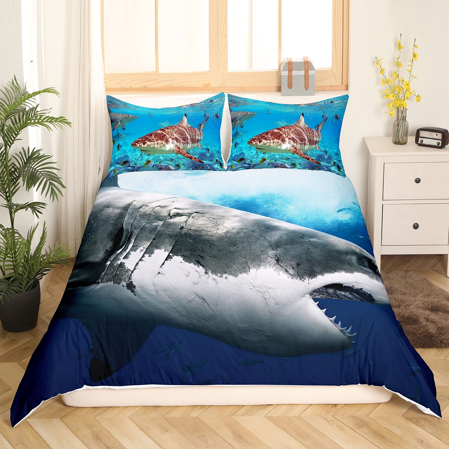 Deep Sea Shark Duvet Cover Set Black Shark Bedding Sets Underwater World Ocean Life Comforter Cover Set for Boys Men Queen Size