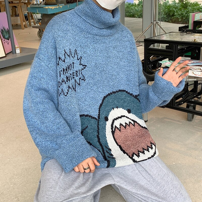 2022 Winter Korean Style Sweater Men High Neck Harajuku  Turtlenecks Shark Patchwor Oversized Women Sweater Grey Turtleneck Men